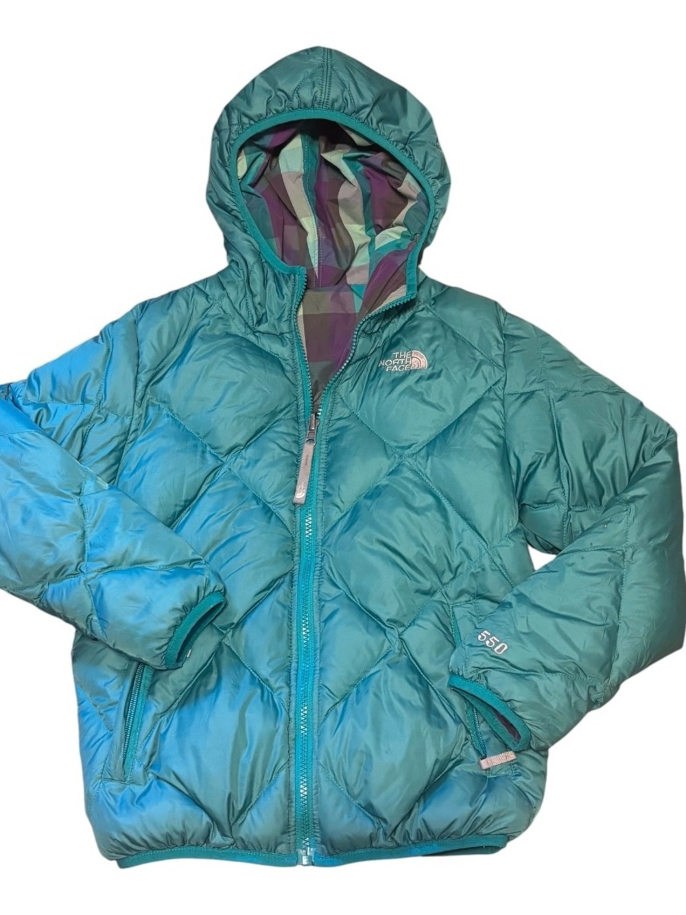 The North Face Teal Quilted Reversible 550 down Hooded Puffer Jacket Size 10-12